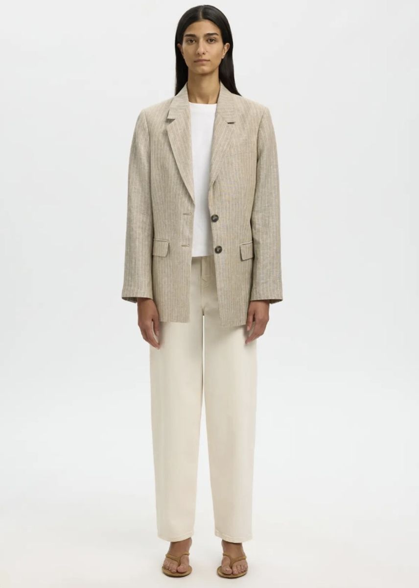 Selected Femme Relaxed Ida Linen Blazer Pinstripe Weathered Teak