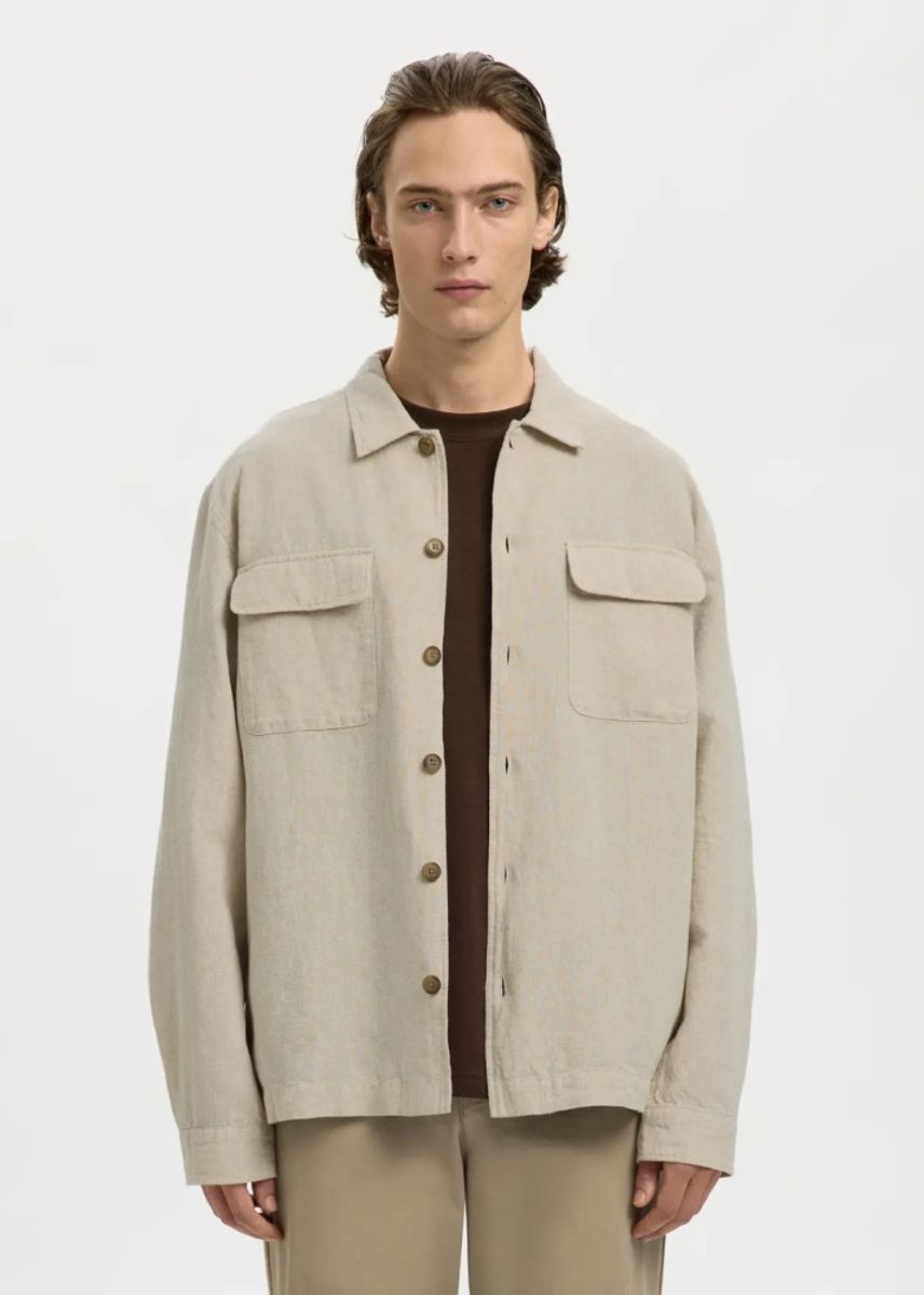 Selected Homme Motto Leroy Linen Blend Overshirt Pure Cashmere W. WHITE