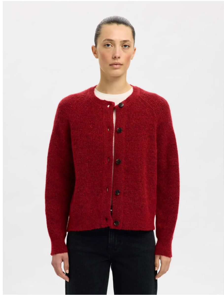 Selected Femme Lulu Knit Short Cardigan Equestrian Red Melange
