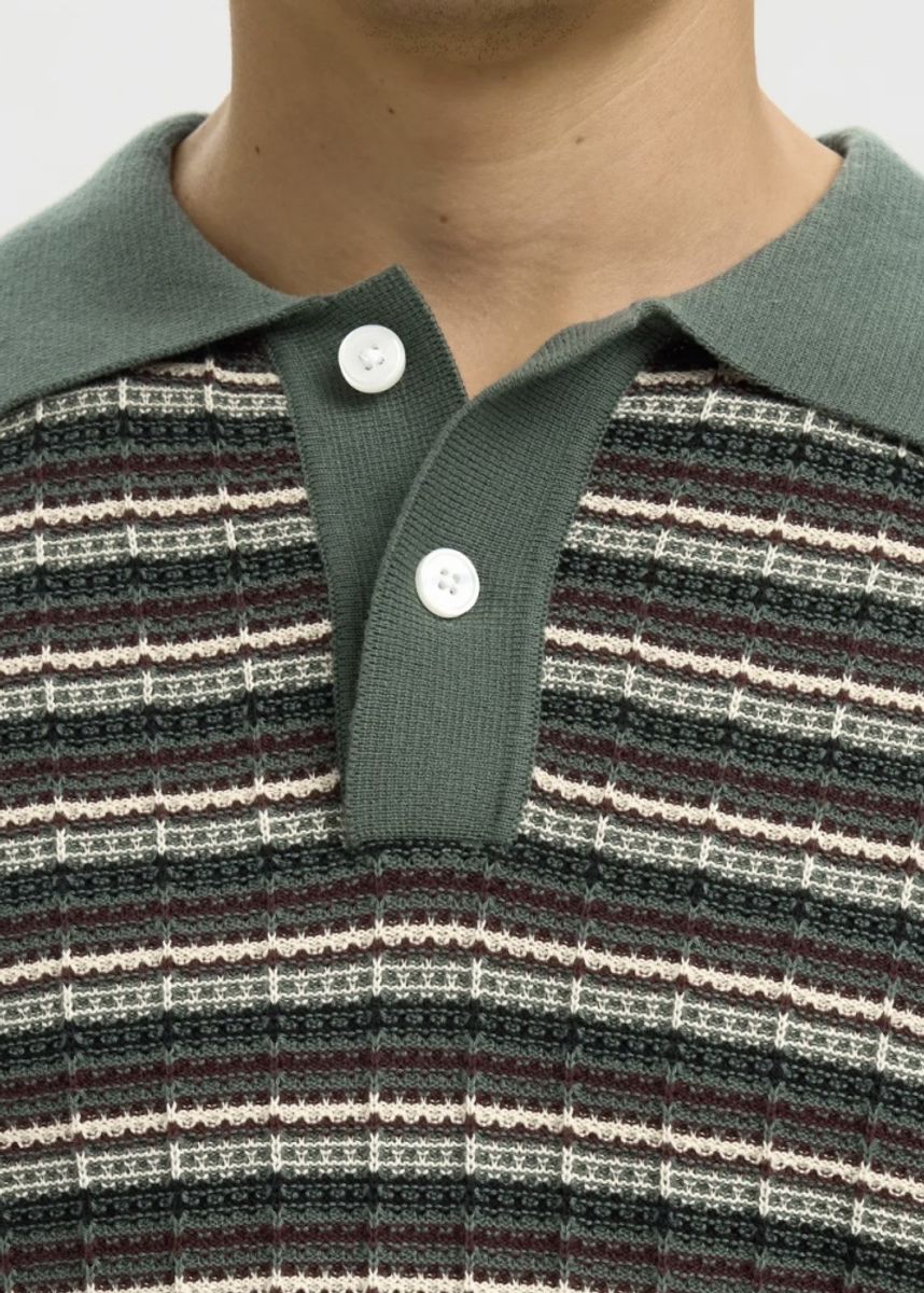 Selected Homme Dane  Knit Structure Polo Balsam Green Stripe