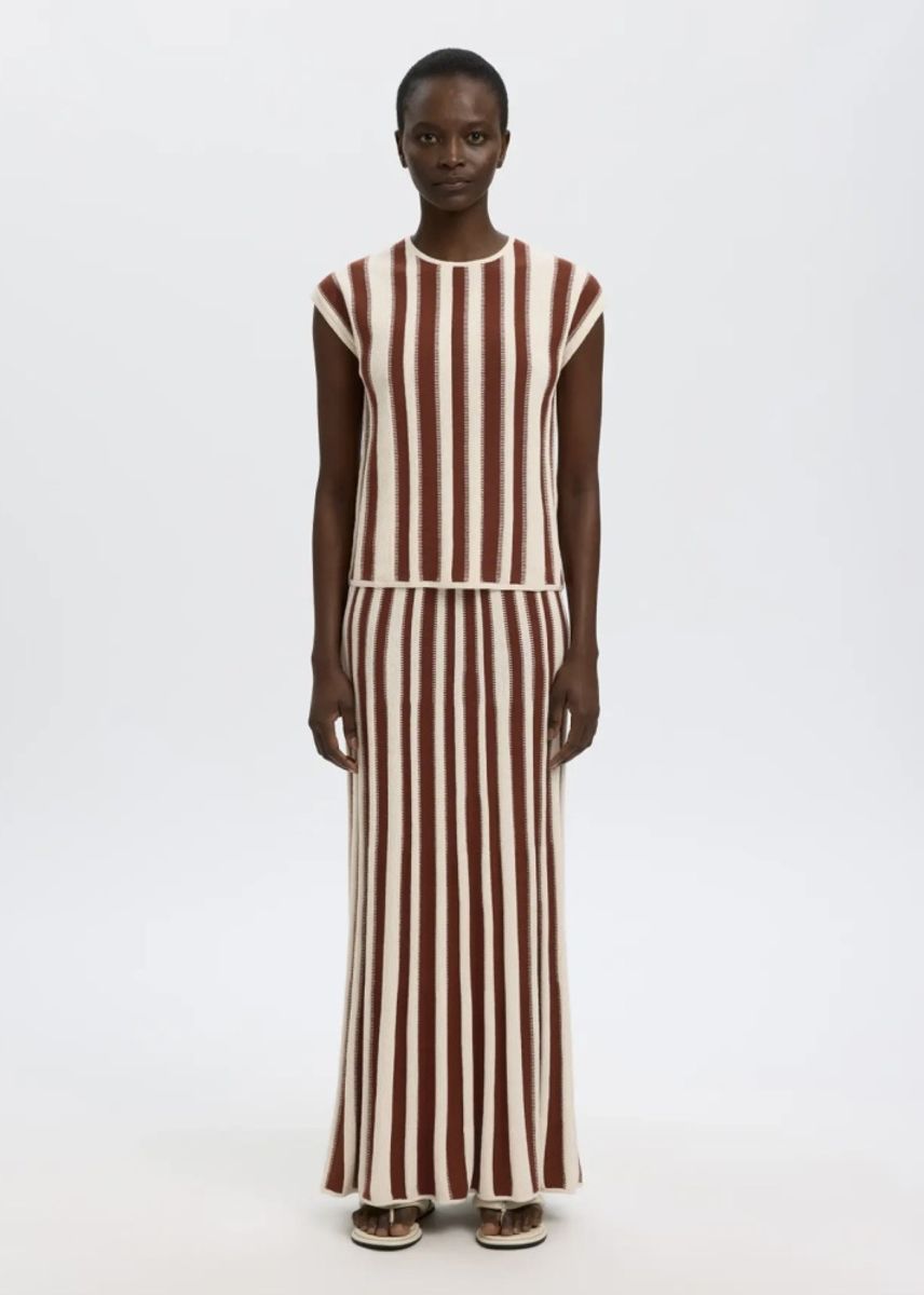Selected Femme  Lina Knit Long Skirt Birch Stripes/cherry mahogny