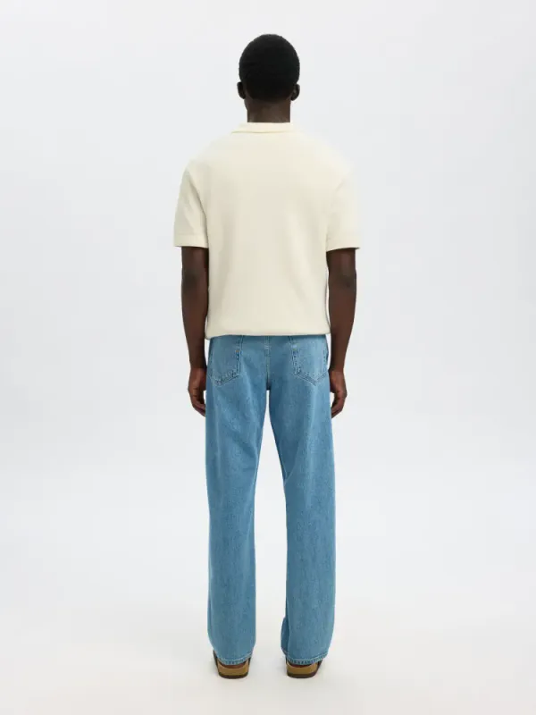Selected Homme Colibri  SS KNIT STRUCTURE OPEN POLO Egret
